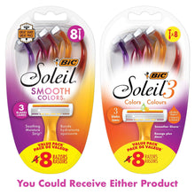 Women’s BIC Soleil3 razor value pack on blister cards with colorful 3-blade handles
