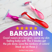 Set of women’s razors with pink, red, and purple handles and blade heads