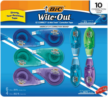 Correction tape set with blue, green, purple mini twist dispensers, 10-count pack