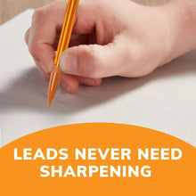 Orange mechanical pencil held in hand above white paper