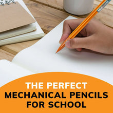 Orange mechanical pencil writing on paper, hand holding pencil