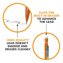 Orange mechanical pencil with built-in eraser and protected lead mechanism