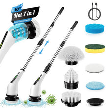White cordless electric spin scrubber with extendable handle and rotating brush head
