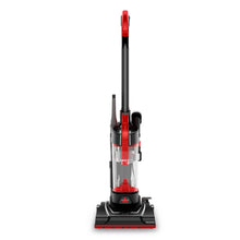 Red upright vacuum with transparent dirt bin and rotating floor nozzle.