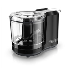 BLACK+DECKER mini electric food chopper with clear bowl, black base, and one-touch lid
