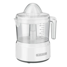 BLACK+DECKER manual citrus juicer with clear top and white base, 32-oz capacity