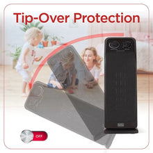 Ceramic tower heater with tip-over protection shown tilted on its side