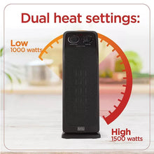 Ceramic tower heater with dual heat settings and low/high wattage levels