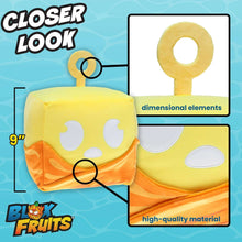 Yellow cube plush keychain with magnifier callouts showing keyring and face details