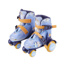 Kids training roller skates, light blue boots with orange straps and four wheels