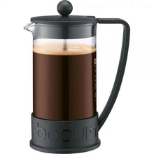 Black French press coffee maker with borosilicate glass pot and black lid