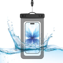 Waterproof phone pouch with clear front window and black top closure, lanyard handle