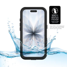 Black waterproof phone case with clear front panel and water splash coverage