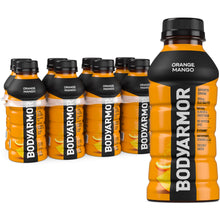 Orange mango sports drink bottles, black caps, orange liquid, BODYARMOR label