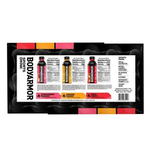 Sports drink variety pack back with bottle labels and nutrition facts