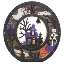 Wooden light-up letter O, dark wooden Halloween design with glowing center and pumpkins