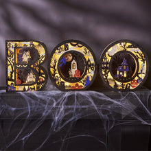 Haunted wooden light-up letter set of 3, dark letters with glow and Halloween scenes