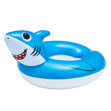 Blue inflatable shark split swim ring with open mouth and fin details