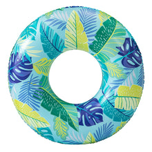 Inflatable swim tube pool float with tropical leaf print, blue and green