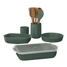 Stoneware bakeware set with green baking dish, crocks, and utensil holder