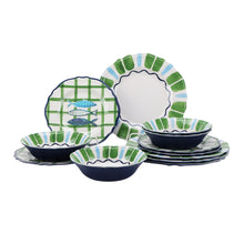 Melamine dinnerware plates and bowls with green striped fish design