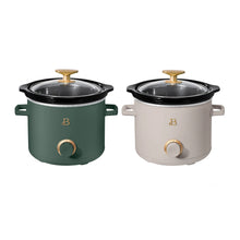 Manual slow cooker pair in thyme green and porcini taupe, front knobs and black lids