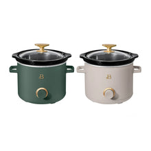 Two manual slow cookers with black lids: thyme green and porcini taupe, gold knobs.