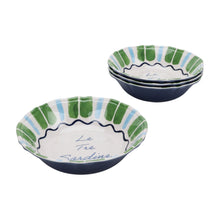 Sardine motif cereal bowls, white with green and blue striped rims, dark base