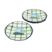 Set of salad plates, green plaid with blue fish and scalloped blue edges
