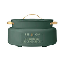 Thyme green electric multi-cooker with lid, gold handles, front touchscreen controls