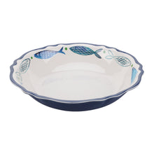 Round serve bowl with blue fish pattern and scalloped rim