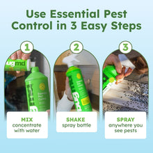 BugMD Essential Pest Control concentrate bottle, white cap with 3-step use graphic