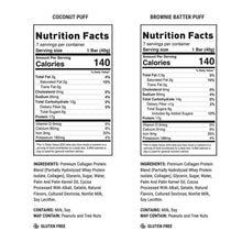 Nutrition facts labels for coconut puff and brownie batter puff protein bars, gluten free