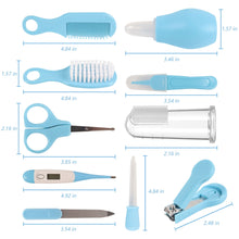Baby healthcare and grooming kit tools shown with measurements: brushes, comb, clippers, scissors