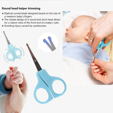 Baby grooming scissors with blue finger loops and rounded blade for trimming nails