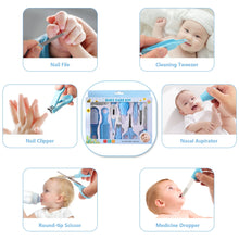 Baby grooming set tools on cards: nail file, nail clipper, nasal aspirator, scissors, dropper