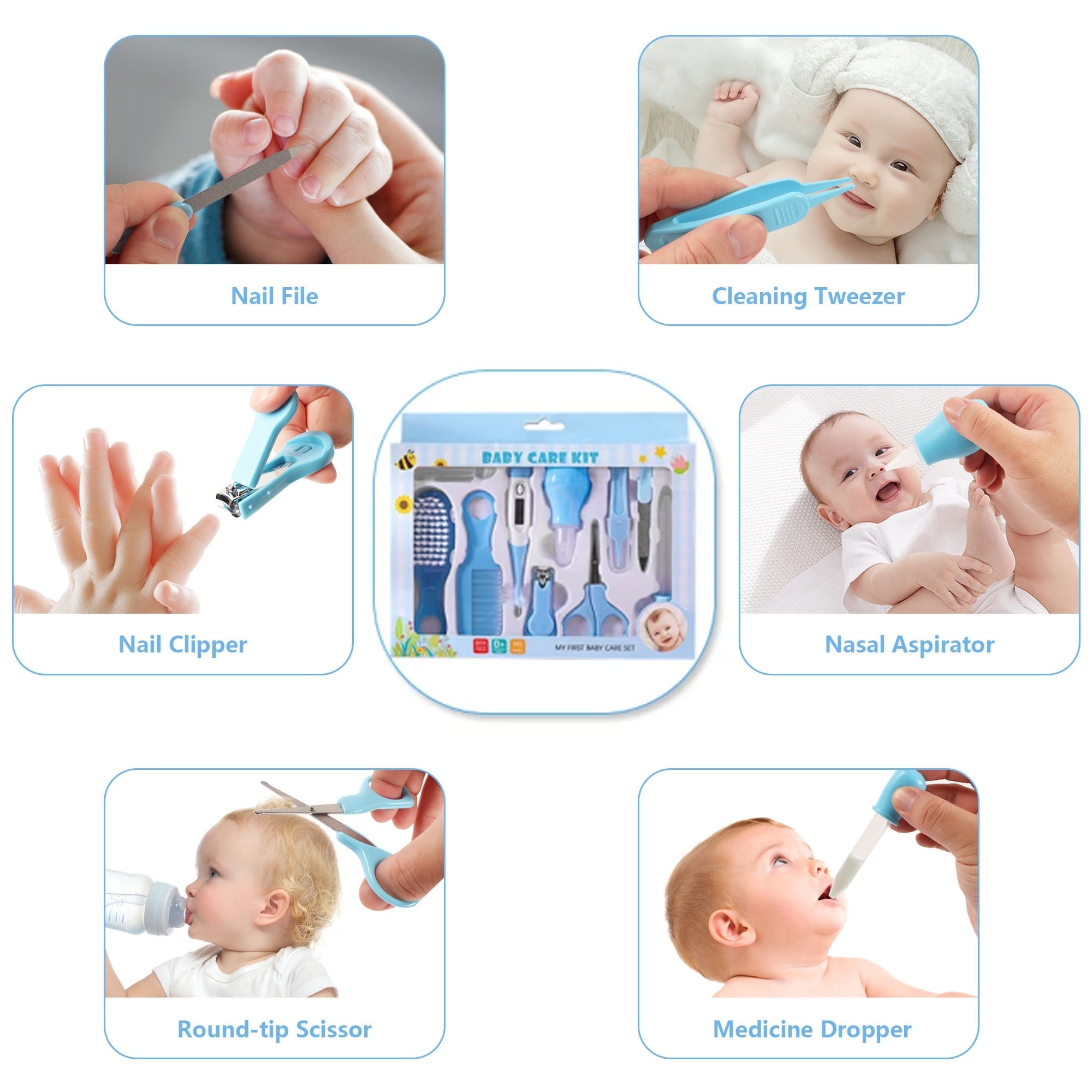BUSATIA 10 in 1 Baby Healthcare and Grooming Kit,Safety Newborn Nursery Care Set, with Hair Brush Comb,Nail Clipper,Thermometer,Pacifier Clip,Nasal Aspirator for Newborn Infant Baby