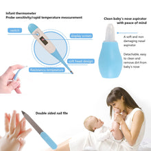 Baby nasal aspirator with blue nozzle and beige thermometer probe with display screen