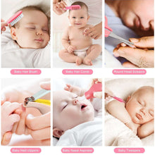 Baby grooming tools with hair brush, comb, round scissors, nail clippers, nasal aspirator, tweezers