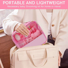 Portable pink baby grooming kit in a clear organizer case for travel