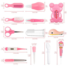 Pink baby grooming tools set with size measurements on a diagram sheet