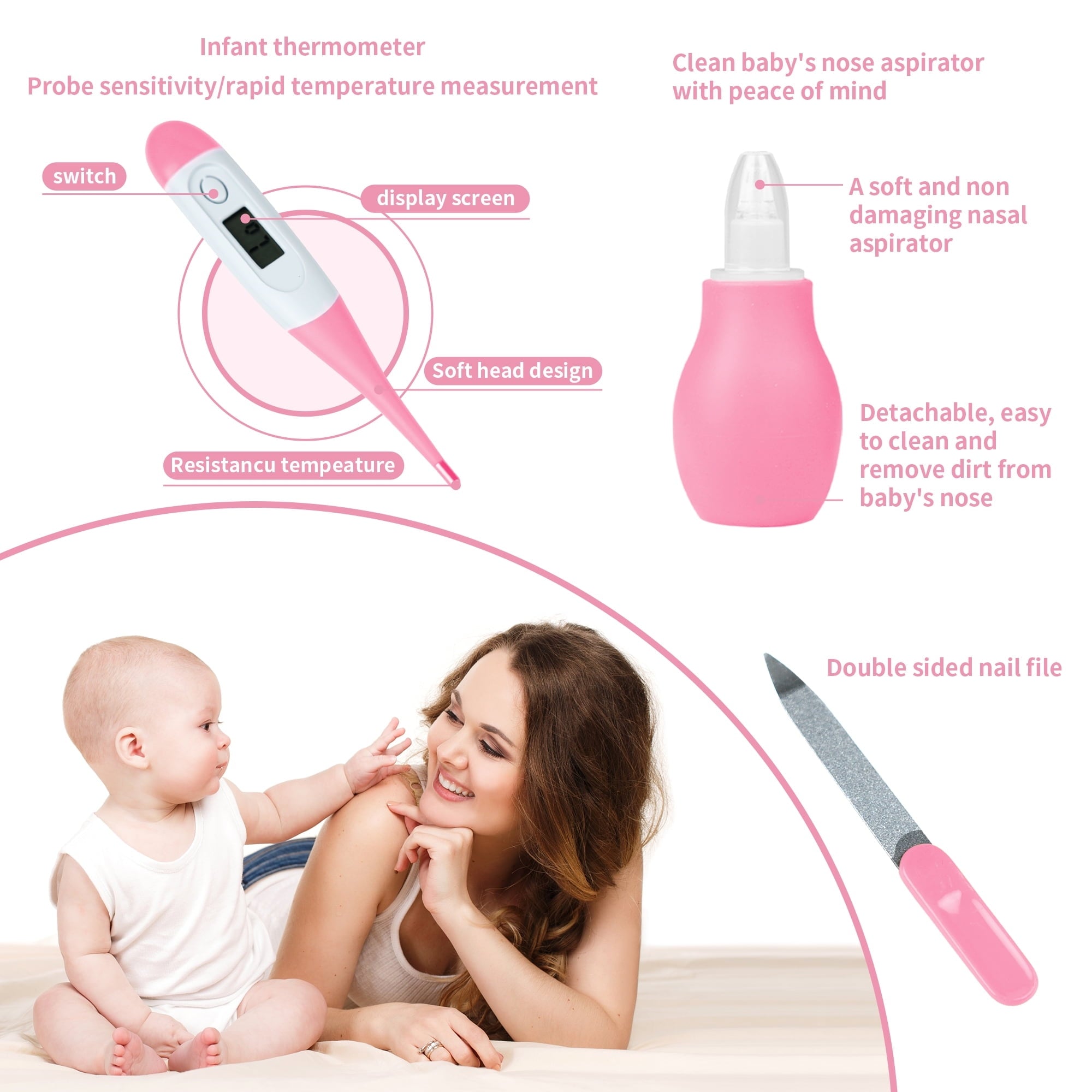 BUSATIA 10 in 1 Baby Healthcare and Grooming Kit,Safety Newborn Nursery Care Set, with Hair Brush Comb,Nail Clipper,Thermometer,Pacifier Clip,Nasal Aspirator for Newborn Infant Baby
