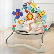 Adjustable baby stroller activity arch toy on a baby rocker with dangling bee and lion toys