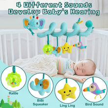 Blue spiral hanging baby toy with elephant, rattle, squeaker and bird sound figures