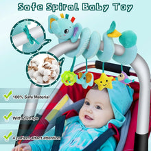 Blue spiral baby toy with elephant teether, star and bird rattles on stroller