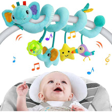 Blue spiral hanging baby activity toy with elephant and star rattle, teether