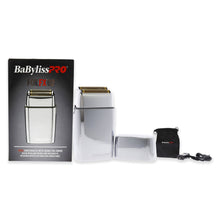 Cordless metal double-foil shaver, white body with gold foil head, shown with accessories