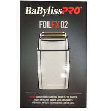 BaBylissPRO FOILFX02 cordless metal double-foil shaver box front with shaver illustration
