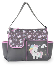 Gray diaper duffle bag with unicorn print, front pocket and pink trim
