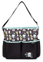 Monkey-print diaper tote with zip top, black with teal trim and front pockets
